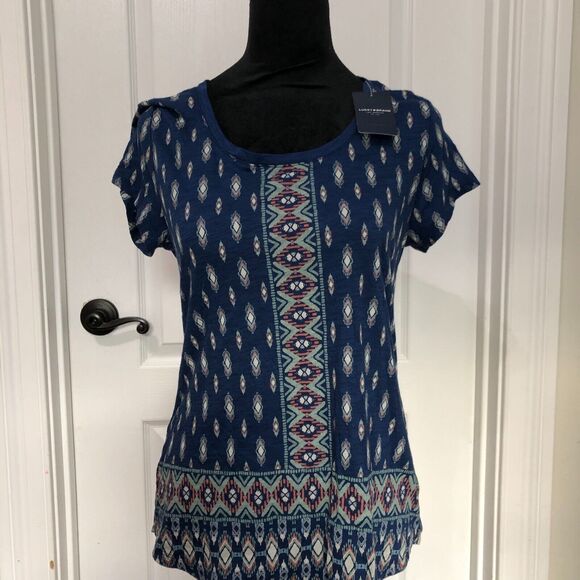 Lucky Brand Womens Blouse S Blue Short Sleeve Round Neck NWT - Picture 1 of 8